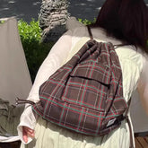 Drawstring Vintage Pleated Backpacks Y2k Aesthetic Plaid Grunge Shoulder Bags High-capacity Harajuku Handbags Crossbody